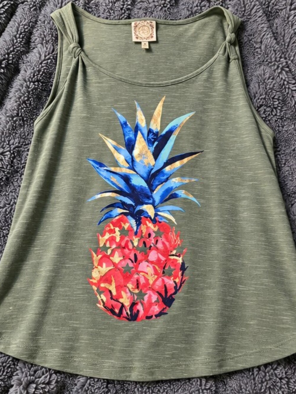 Rebecca Malone Olive Tank Top with Blue and Red Pineapple Print